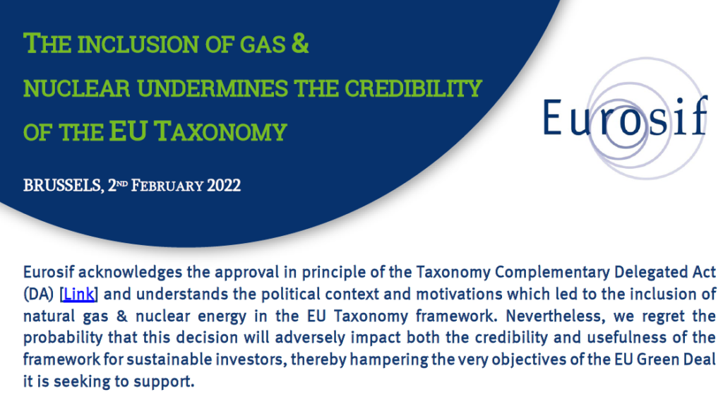The inclusion of gas and nuclear undermines the credibility of the EU Taxonomy