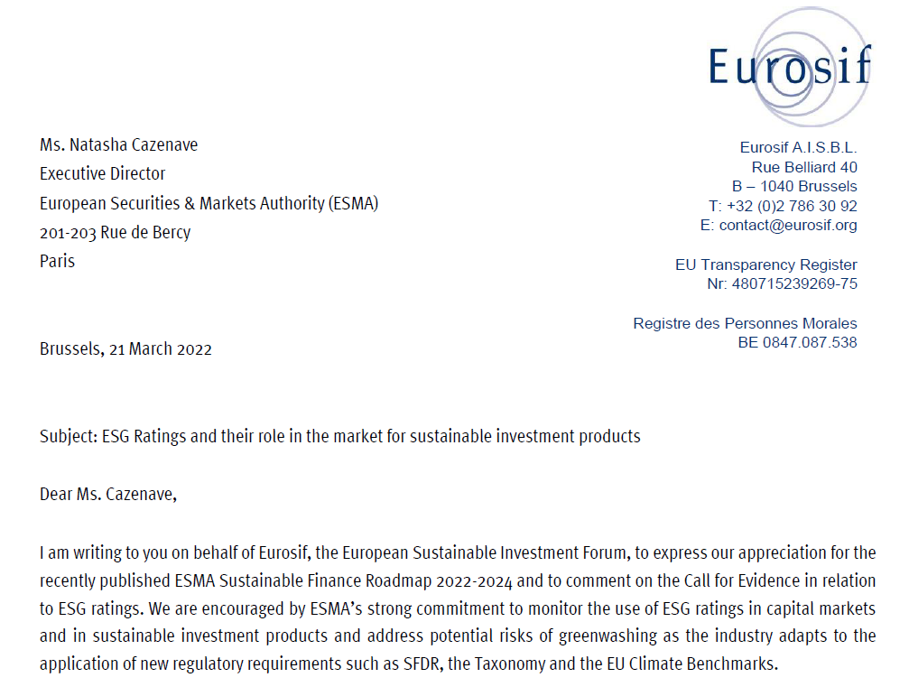 Eurosif letter to ESMA on ESG Ratings an their role in the market for sustainable investment products