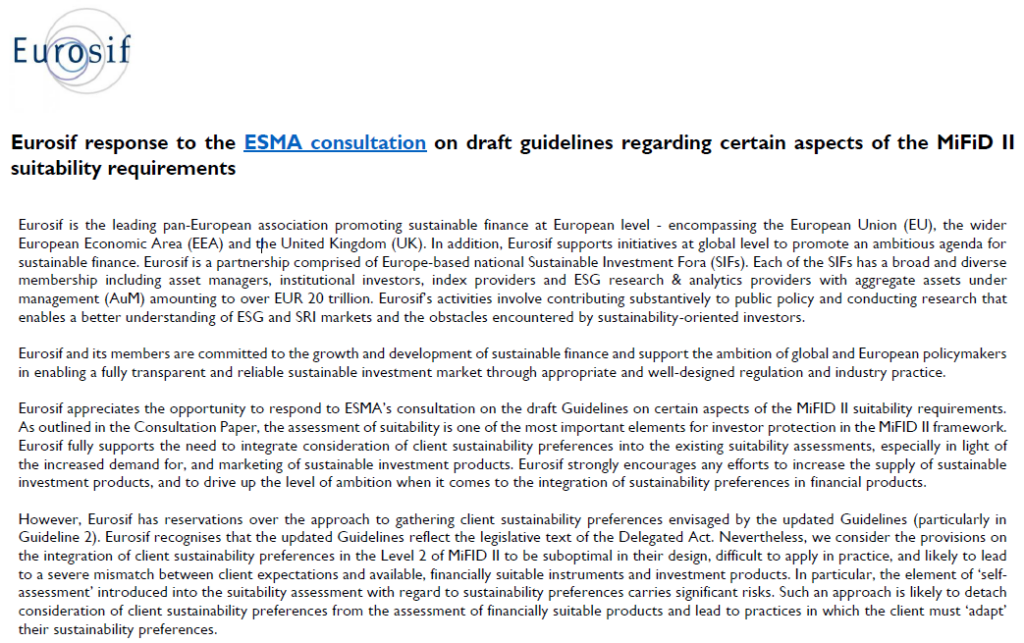 Eurosif responds to ESMA on the review of MiFID II suitability guidelines