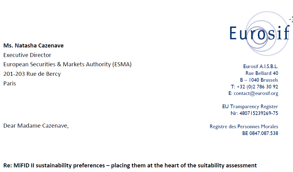 Eurosif sends a letter to ESMA on MiFID II sustainability preferences