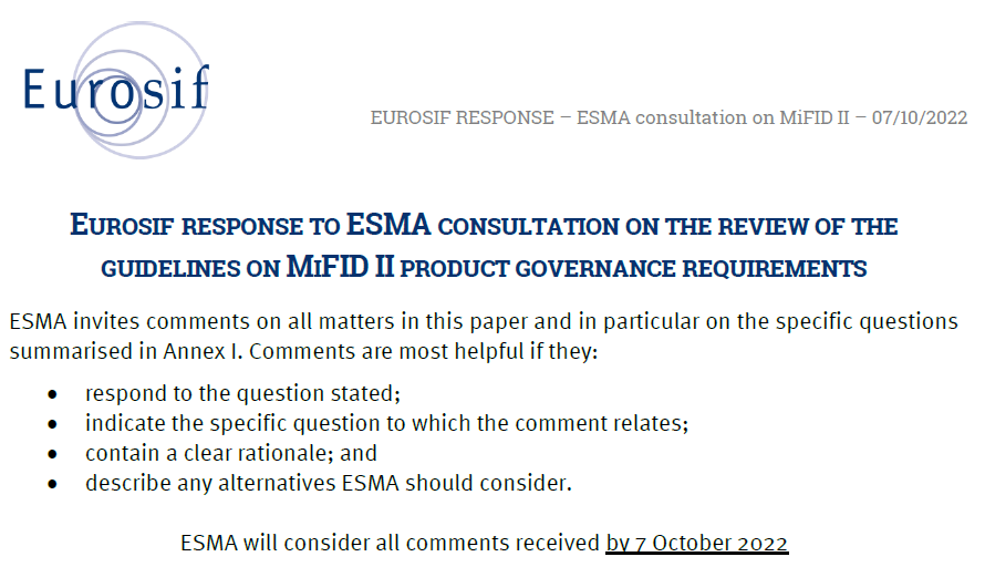 Eurosif response to ESMA consultation on the review of the guidelines on MiFID II product governance requirements