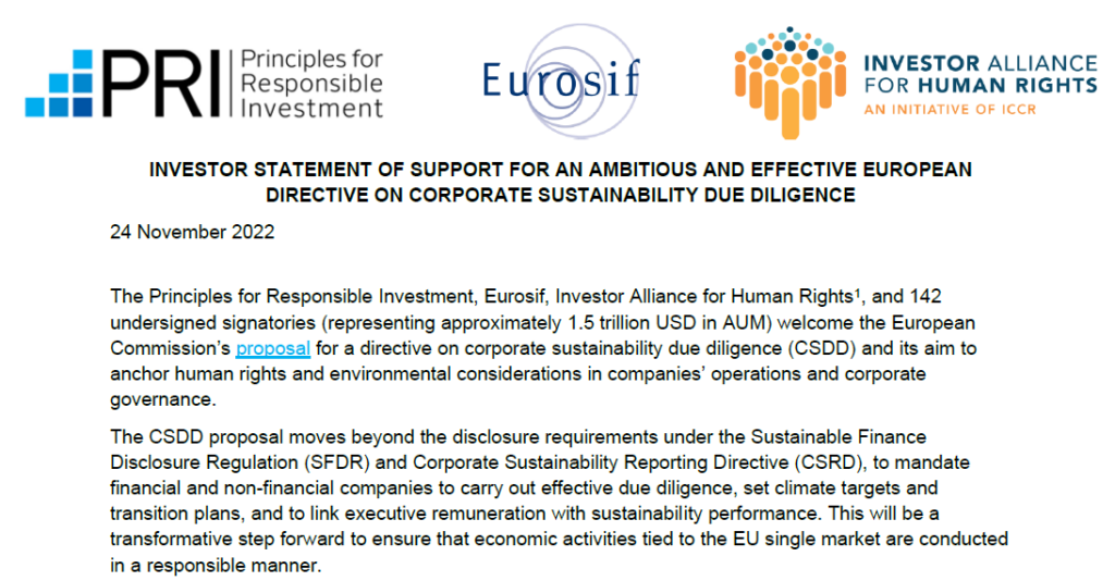 Joint statement of support by responsible investors’ organisations for the Corporate Sustainability Due Diligence Directive (CSDDD)