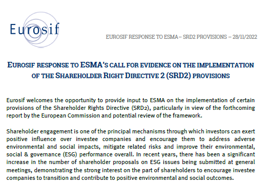 Eurosif response to ESMA’s call for evidence on SRD2