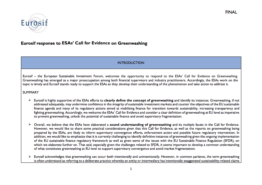 On 16th January, Eurosif responded to the ESAs’ Call for Evidence on Greenwashing.