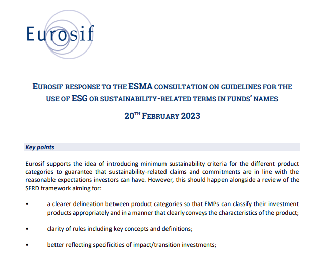 Eurosif response to the ESMA consultation on guidelines for the use of ESG or sustainability-related terms in funds’ names