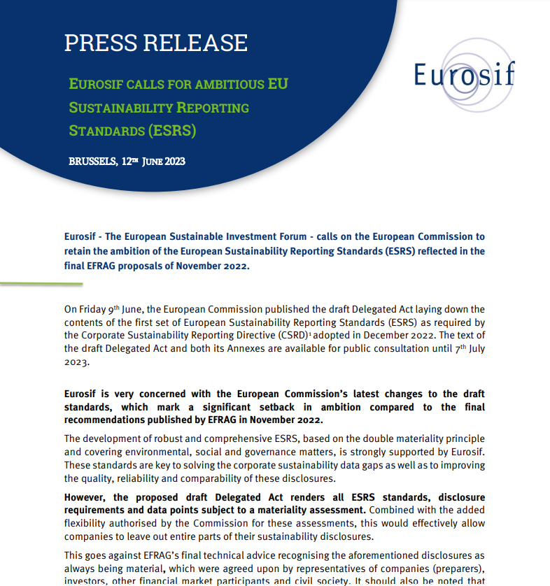 Eurosif Calls for Ambitious EU Sustainability Reporting Standards (ESRS)