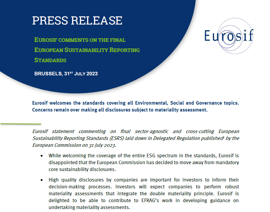 Eurosif comments on final European Sustainability Reporting Standards