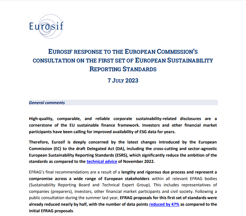 Eurosif response to the European Commission’s consultation on the first set of European Sustainability Reporting Standards (ESRS)