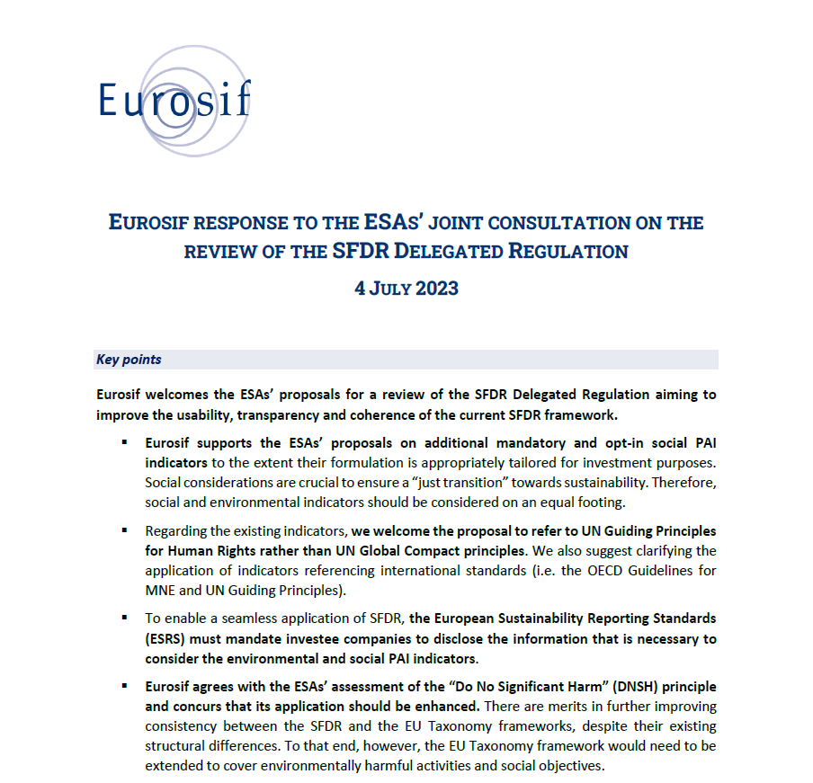 Eurosif response to the ESAs’ joint consultation on the review of the SFDR Delegated Regulation