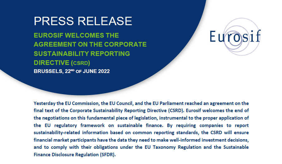 Eurosif welcomes the agreement on the Corporate Sustainability Reporting Directive (CSRD)