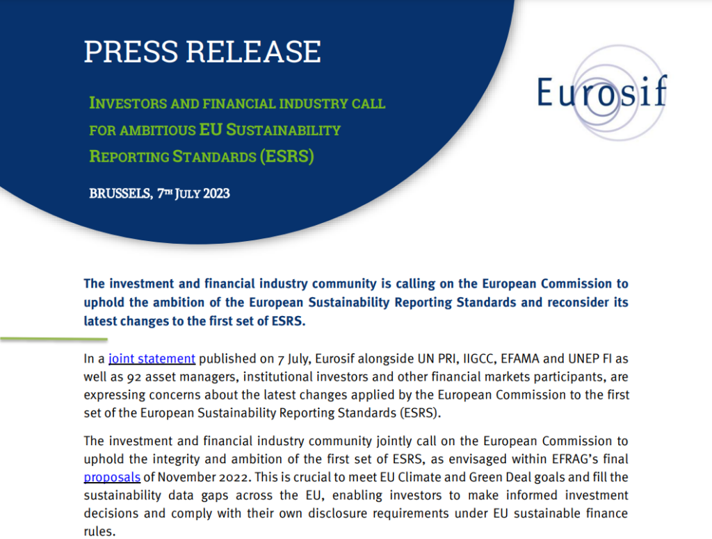 Investors and financial industry call for ambitious EU Sustainability Reporting Standards (ESRS)