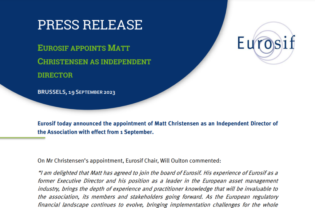 Eurosif appoints Matt Christensen as independent director