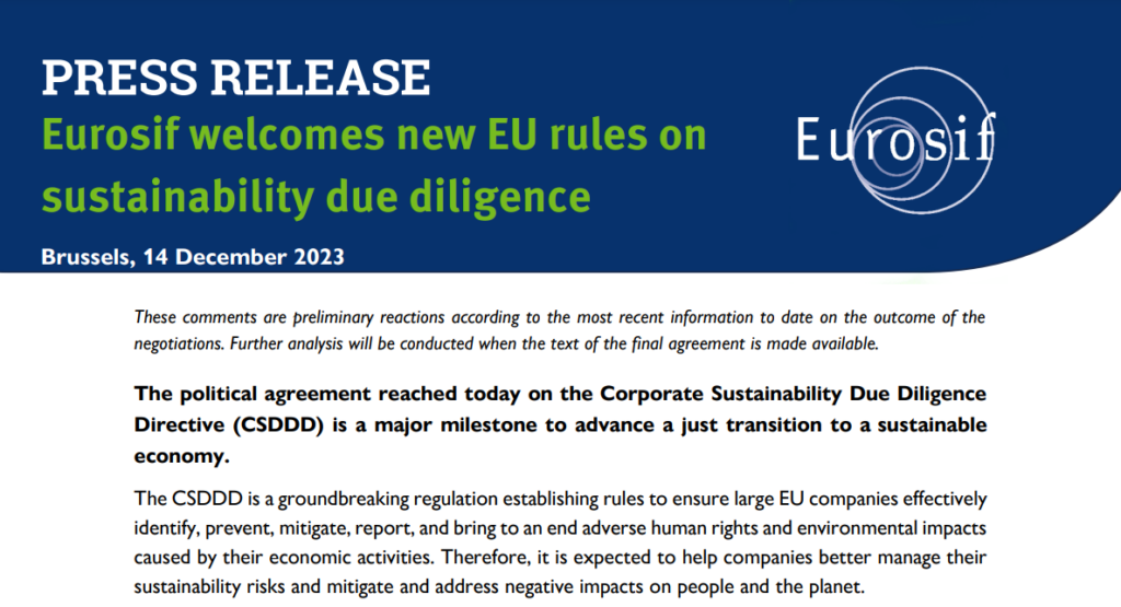 Eurosif welcomes new EU rules on sustainability due diligence