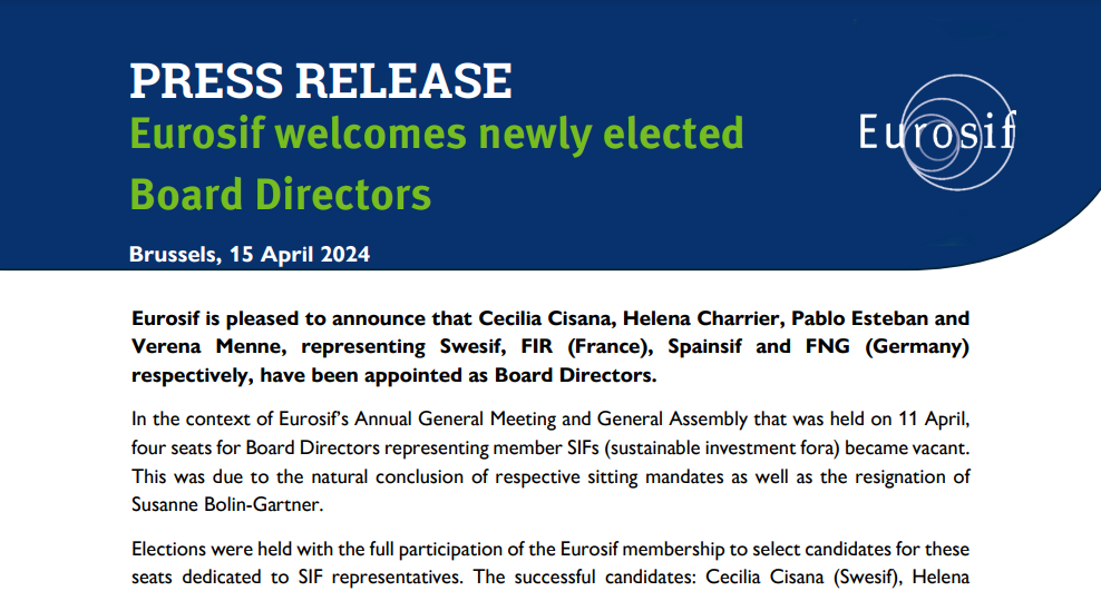 Eurosif welcomes newly elected Board Directors