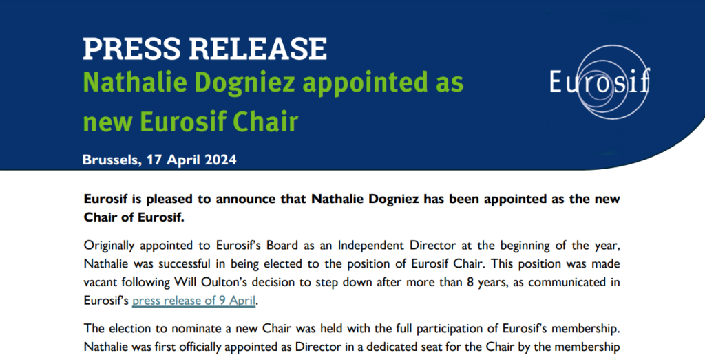 Nathalie Dogniez appointed as new Eurosif Chair