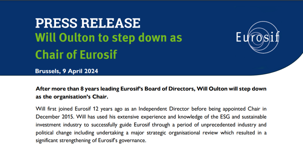 Will Oulton to step down as Eurosif Chair